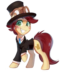 Size: 663x768 | Tagged: artist needed, safe, derpibooru import, oc, oc:canni soda, earth pony, pony, clothes, cute, goggles, hat, image, looking at you, necktie, png, raised hoof, simple background, smiling, smiling at you, solo, steampunk, suit, transparent background