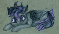 Size: 2310x1320 | Tagged: safe, artist:myzanil, derpibooru import, oc, oc:scribble, oc:skittle, unofficial characters only, pegasus, pony, behaving like a cat, colored pencil drawing, ears up, folded wings, image, jpeg, lying down, micro, mottled coat, protecting, staring at you, startled, traditional art, wings