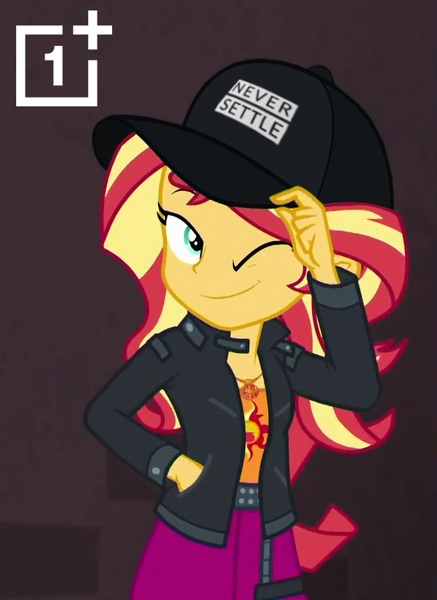 Size: 678x930 | Tagged: safe, derpibooru import, edit, edited screencap, editor:nyrikiri, screencap, sunset shimmer, display of affection, equestria girls, equestria girls series, cap, female, flanksy, hat, image, never settle, one eye closed, oneplus, png, solo, wink