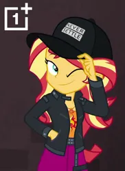 Size: 678x930 | Tagged: safe, derpibooru import, edit, edited screencap, editor:nyrikiri, screencap, sunset shimmer, display of affection, equestria girls, equestria girls series, cap, female, flanksy, hat, image, never settle, one eye closed, oneplus, png, solo, wink