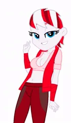 Size: 515x892 | Tagged: safe, artist:robertsonskywa1, derpibooru import, equestria girls, arcee, bedroom eyes, breasts, cleavage, clothes, female, image, jacket, jpeg, leggings, peace sign, photo, solo, solo female, sports bra, transformers, transformers rise of the beasts, wristband