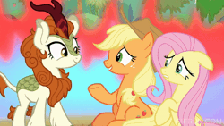 Size: 520x293 | Tagged: safe, derpibooru import, screencap, applejack, autumn blaze, fluttershy, earth pony, kirin, pegasus, pony, sounds of silence, animated, blowing, fire, floppy ears, gif, grin, gritted teeth, image, oops, smiling, teeth