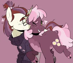 Size: 1497x1301 | Tagged: safe, artist:zowwyroo, derpibooru import, cheerilee, moondancer, earth pony, pony, unicorn, cheerdancer, clothes, cloven hooves, curved horn, duo, duo female, female, females only, glasses, horn, image, kiss on the cheek, kissing, lesbian, png, purple background, shipping, simple background, sweater