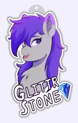 Size: 2040x3181 | Tagged: safe, artist:autumnsfur, derpibooru import, oc, oc:glitter stone, unofficial characters only, earth pony, pony, g5, badge, blue eyes, bust, con badge, diamond, digital art, eyelashes, eyeshadow, female, g4, gray coat, grey fur, happy, image, long hair, long mane, looking at something, looking sideways, makeup, mare, name, open mouth, outline, png, portrait, purple eyes, purple hair, purple mane, simple background, smiling, solo, text, tongue out, white outline