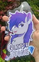 Size: 2232x3480 | Tagged: safe, artist:autumnsfur, derpibooru import, oc, oc:glitter stone, unofficial characters only, earth pony, human, pony, g5, badge, bust, con badge, diamond, digital art, eyelashes, eyeshadow, female, g4, gray coat, gray fur, happy, image, irl, irl human, jpeg, lanyard, long hair, long mane, looking at something, looking sideways, makeup, mare, name, open mouth, outline, photo, portrait, purple eyes, purple hair, purple mane, simple background, smiling, solo, text, tongue out, white outline