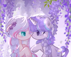 Size: 1824x1461 | Tagged: safe, artist:corpse, derpibooru import, oc, oc:cinlti, oc:delia ino, unofficial characters only, cat, cat pony, earth pony, original species, pony, unicorn, couple, earth pony oc, flower, green eyes, heart, heart eyes, highlights, horn, image, kissing, png, purple background, purple eyes, purple hair, purple wisteria, simple background, smiling, unicorn oc, wingding eyes