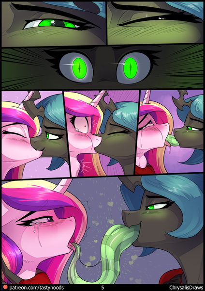 Size: 848x1200 | Tagged: questionable, artist:chrysalisdraws, derpibooru import, princess cadance, queen chrysalis, alicorn, anthro, changeling, changeling queen, pony, comic:pizza delivery, bedroom eyes, blowjob, cadalis, crying, deep kissing, deepthroat, extreme french kiss, eyes closed, female, french kiss, image, infidelity, kissing, lesbian, lidded eyes, long tongue, mare, open mouth, oral, png, shipping, throat bulge, tongue out, tongue play, tongue sucking, wide eyes