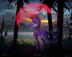 Size: 3500x2798 | Tagged: safe, artist:uliovka, derpibooru import, oc, original species, unicorn, forest, image, looking at you, looking back, magic, magic aura, morning, png, scenery, tree