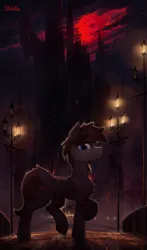 Size: 2059x3500 | Tagged: safe, artist:uliovka, derpibooru import, oc, unofficial characters only, bat pony, pony, blood moon, castle, image, looking at you, moon, night, png, scenery