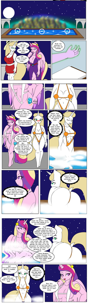 Size: 1238x4281 | Tagged: suggestive, artist:dekomaru, derpibooru import, edit, princess cadance, queen chrysalis, anthro, unguligrade anthro, comic:the hot room 3, absolute cleavage, bikini, breasts, busty princess cadance, busty queen chrysalis, changing room, cleavage, clothes, comic, disguise, disguised changeling, dock, duo, duo female, female, hot tub, image, png, sling bikini, swimming pool, swimsuit, tail