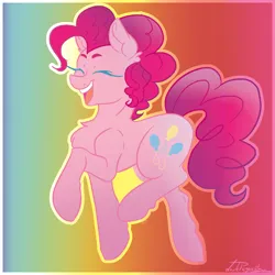 Size: 2000x2000 | Tagged: safe, artist:dankpegasista, derpibooru import, pinkie pie, earth pony, pony, big tail, chest fluff, colored lineart, colorful, curly mane, cute, derpibooru exclusive, diapinkes, ear fluff, eyebrows, eyes closed, female, fluffy hair, full body, gradient background, gradient mane, happy, high res, image, jumping, krita, long eyelashes, mare, open mouth, open smile, outline, pink coat, pink mane, png, rainbow background, raised hoof, signature, simple, simple background, simple shading, smiling, solo, tail, three quarter view, walking, wall of tags, wide smile