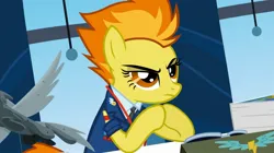 Size: 2160x1213 | Tagged: safe, derpibooru import, screencap, spitfire, pegasus, pony, wonderbolts academy, autograph, clothes, desk, drill sergeant, female, image, jpeg, mare, necktie, office, solo, spitfire's eyebrows, spitfire's office, suit, sunglasses, uniform, whistle, whistle necklace, window, wonderbolts dress uniform