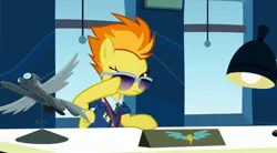 Size: 2138x1180 | Tagged: safe, derpibooru import, screencap, spitfire, pegasus, pony, wonderbolts academy, clothes, desk, drill sergeant, female, image, jpeg, lamp, mare, necktie, office, solo, suit, sunglasses, uniform, whistle, whistle necklace, window, wonderbolts dress uniform