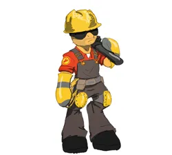Size: 880x791 | Tagged: safe, artist:solixy406, derpibooru import, ponified, pony, semi-anthro, clothes, engineer, glasses, helmet, image, png, simple background, solo, team fortress 2, white background, wrench
