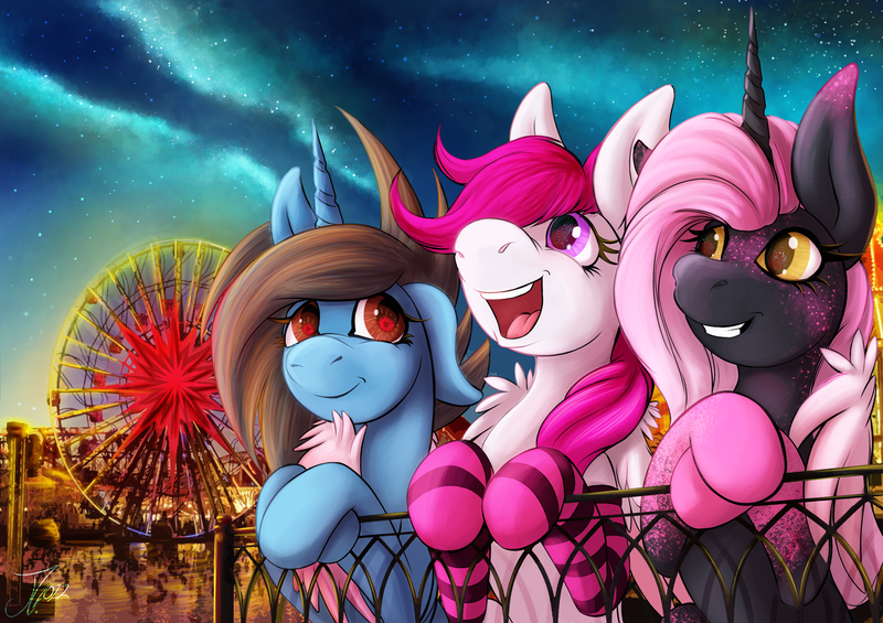 Size: 1750x1237 | Tagged: safe, artist:jamescorck, derpibooru import, oc, unofficial characters only, pegasus, pony, unicorn, female, ferris wheel, image, mare, png