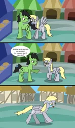 Size: 1920x3240 | Tagged: safe, artist:platinumdrop, derpibooru import, derpy hooves, oc, oc:anon, oc:anon stallion, earth pony, pegasus, pony, abuse, biting, comic, commission, crying, derpybuse, drool, female, food stand, house, houses, image, male, mare, png, ponyville, running, sad, scolding, speech bubble, spread wings, stallion, tail, tail bite, verbal abuse, wings