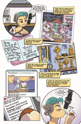 Size: 1000x1537 | Tagged: safe, artist:amymebberson, derpibooru import, idw, hitch trailblazer, earth pony, pony, g5, spoiler:comic, spoiler:g5comic, spoiler:g5comic12, apron, baking, baking sheet, blaze (coat marking), blinds, bowl, card, chalkboard, clothes, club, coat markings, coffee cup, comments, cup, cupcake, dahlia, dialogue, english, facial markings, female, flower, flower in hair, food, frosting, glasses, headphones, hoof heart, hoof hold, image, jazz hooves, jpeg, male, mare, microphone, milk, mixer, mixing bowl, mobile phone, narration, notebook, official comic, pansy silverbell, phone, photo, ponygram, poster, ribbon, sash, shelves, sheriff's badge, sipping, smartphone, social media, socks (coat marking), spatula, stallion, table, text, trophy, underhoof, unshorn fetlocks, upside-down hoof heart, writing