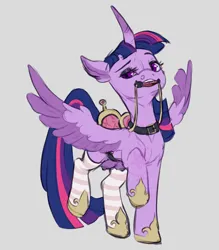 Size: 3500x4000 | Tagged: suggestive, derpibooru import, twilight sparkle, twilight sparkle (alicorn), alicorn, breasts, bridle, clothes, collar, image, kneesocks, looking at you, makeup, png, raised hoof, saddle, smiling, smiling at you, socks, striped socks, tack