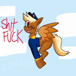 Size: 2000x2000 | Tagged: safe, artist:zoravix, derpibooru import, oc, oc:shitfuck, pegasus, pony, blonde, blue background, clothes, female, forced meme, hat, image, jpeg, mare, meme, one eye closed, red eyes, signature, simple background, spread wings, telegram pony, text, tongue out, uniform, vulgar, wings, wink