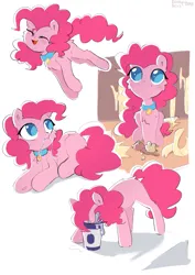 Size: 1341x1895 | Tagged: safe, artist:enderselyatdark, derpibooru import, pinkie pie, earth pony, pony, behaving like a dog, collar, cute, diapinkes, eating, eyes closed, female, image, jumping, mare, open mouth, open smile, plushie, png, simple background, smiling, teddy bear, white background