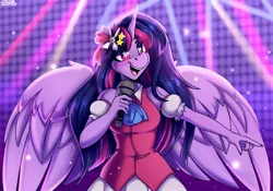 Size: 2850x2000 | Tagged: safe, artist:shadowreindeer, derpibooru import, twilight sparkle, twilight sparkle (alicorn), alicorn, anthro, idol, image, jpeg, microphone, pointing, solo, stage, starry eyes, wingding eyes