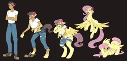 Size: 2840x1376 | Tagged: safe, artist:atcpony, derpibooru import, fluttershy, human, pegasus, pony, blushing, clothes, colored wings, cowering, eye color change, female, floppy ears, flower, flower in hair, flying, human to pony, image, male, male to female, missing cutie mark, open mouth, png, ripping clothes, rule 63, simple background, teary eyes, transformation, transformation sequence, transgender transformation, two toned wings, wings