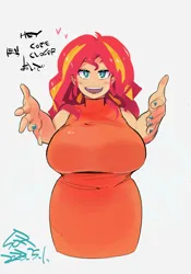 Size: 1400x2000 | Tagged: safe, artist:sozglitch, derpibooru import, sunset shimmer, human, big breasts, bilingual, breasts, busty sunset shimmer, clothes, dialogue, dress, female, floating heart, heart, huge breasts, humanized, image, jpeg, looking at you, open mouth, open smile, outstretched arms, smiling, smiling at you, solo, talking to viewer