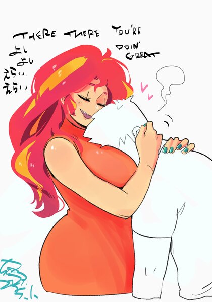 Size: 1400x2000 | Tagged: safe, artist:sozglitch, derpibooru import, sunset shimmer, oc, oc:generic messy hair anime anon, human, big breasts, bilingual, boob smothering, breasts, busty sunset shimmer, canon x oc, dialogue, eyes closed, face in breasts, female, floating heart, head between breasts, heart, hug, huge breasts, humanized, image, jpeg, male, shipping, simple background, smothering, straight, white background