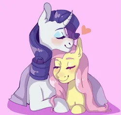 Size: 1081x1024 | Tagged: safe, artist:astrodrveams, derpibooru import, fluttershy, rarity, pegasus, pony, unicorn, blushing, cuddling, female, flarity, heart, image, lesbian, lying down, mare, neck nuzzle, pink background, png, shipping, simple background, smiling