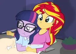 Size: 1120x800 | Tagged: safe, artist:dm29, derpibooru import, sci-twi, sunset shimmer, twilight sparkle, human, equestria girls, bags under eyes, blanket, clothes, cuddling, duo, duo female, eating, feeding, female, food, glasses, image, lesbian, pajamas, png, red nose, remote control, scitwishimmer, shipping, sick, snuggling, soup, spoon, sunsetsparkle, tissue