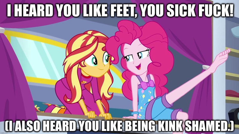 Size: 1920x1080 | Tagged: suggestive, derpibooru import, edit, edited screencap, screencap, pinkie pie, sunset shimmer, human, equestria girls, equestria girls series, sunset's backstage pass!, spoiler:eqg series (season 2), caption, clothes, feet, fetish, foot fetish, image, image macro, jpeg, kink shaming, kinkshaming, nightgown, pajamas, text, vulgar