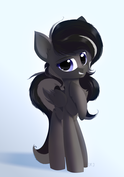 Size: 1400x2000 | Tagged: safe, artist:rainydark, derpibooru import, oc, unofficial characters only, pegasus, black and white, female, gray, grayscale, grey hair, image, looking at you, monochrome, pegasus oc, png, shadow, simple background, smiling, tooth, wings