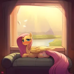 Size: 2048x2048 | Tagged: safe, derpibooru import, editor:darkshy, machine learning generated, purplesmart.ai, stable diffusion, fluttershy, cat, pony, bed, catified, couch, image, morning, on bed, pink hair, png, species swap, yellow body