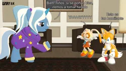 Size: 3413x1920 | Tagged: safe, artist:gradiusfanatic, derpibooru import, trixie, unicorn, alternate hairstyle, babysitter trixie, clothes, cream the rabbit, crossover, female, hoodie, image, male, miles "tails" prower, png, sonic the hedgehog (series)