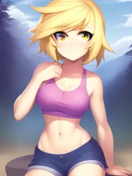Size: 1020x1360 | Tagged: safe, derpibooru import, editor:sammykun, machine learning generated, stable diffusion, derpy hooves, human, equestria girls, bare shoulders, belly button, breasts, busty derpy hooves, clothes, cloud, denim, denim shorts, forest, humanized, image, looking at you, midriff, png, sexy, shorts, sitting, sky, tanktop, thighs, tree