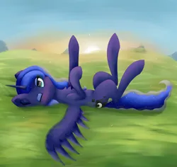 Size: 3500x3300 | Tagged: safe, artist:gaffy, derpibooru import, princess luna, female, grass, hooves in air, image, lying, lying down, lying in grass, on back, png