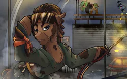 Size: 1920x1200 | Tagged: safe, artist:brainiac, derpibooru import, oc, oc:weld, pony, unicorn, fallout equestria, clothes, dreadlocks, eart hpony, ex-raider, fallout equestria:all things unequal (pathfinder), image, male, mechanic, oil, osha violations, png, scar, stallion