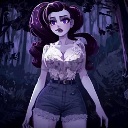 Size: 900x900 | Tagged: safe, derpibooru import, machine learning generated, stable diffusion, rarity, human, equestria girls, legend of everfree, belt, big breasts, blouse, breasts, busty rarity, clothes, denim, denim shorts, female, forest, humanized, image, jpeg, night, shorts, solo, standing, tree