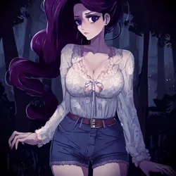 Size: 900x900 | Tagged: safe, derpibooru import, machine learning generated, stable diffusion, rarity, human, equestria girls, legend of everfree, belt, big breasts, blouse, breasts, busty rarity, cleavage, clothes, denim, denim shorts, female, forest, humanized, image, jpeg, looking at you, night, shorts, solo, standing, tree