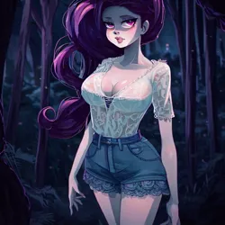 Size: 900x900 | Tagged: safe, derpibooru import, machine learning generated, stable diffusion, rarity, human, equestria girls, legend of everfree, big breasts, blouse, breasts, busty rarity, cleavage, clothes, denim, denim shorts, female, forest, humanized, image, jpeg, looking at you, night, shorts, solo, tree, wrong eye color