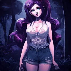 Size: 900x900 | Tagged: safe, derpibooru import, machine learning generated, stable diffusion, rarity, human, equestria girls, legend of everfree, big breasts, breasts, busty rarity, cleavage, clothes, denim, denim shorts, female, forest, humanized, image, jpeg, looking at you, night, shorts, solo, standing, tree