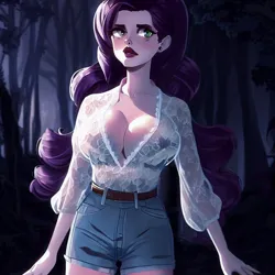 Size: 900x900 | Tagged: suggestive, derpibooru import, machine learning generated, stable diffusion, rarity, equestria girls, legend of everfree, absolute cleavage, belt, big breasts, blouse, breasts, busty rarity, cleavage, clothes, denim, denim shorts, female, forest, image, jpeg, night, see-through, shorts, solo, tree, wrong eye color