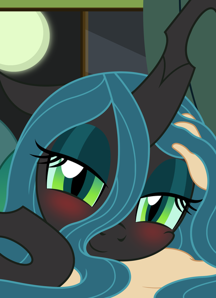 Size: 1792x2470 | Tagged: safe, artist:badumsquish, derpibooru import, queen chrysalis, changeling, changeling queen, fairy, human, pony, blushing, cuddling, curtains, derpibooru exclusive, female, glass, human on changeling snuggling, image, looking at you, mare, moon, night, offscreen character, open window, png, pov, show accurate, sleepy, smiling, solo, window