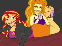 Size: 2160x1620 | Tagged: suggestive, artist:weegeepie-nightring, derpibooru import, adagio dazzle, sunset shimmer, equestria girls, a-domme-gio, ass, barefoot, bdsm, bed, blanket, blushing, bondage, breasts, butt, clothes, crying, drool, duo, duo female, erotic tickling, evil grin, eyeshadow, fangs, feet, female, females only, femdom, femsub, fetish, fingerless gloves, foot fetish, gem, gloves, grin, image, jacket, jpeg, kiss mark, laughing, leather, leather jacket, lesbian, lipstick, makeup, nail polish, open mouth, rope, rope bondage, shipping, shirt, siren gem, smiling, soles, submissive, subset, sunsagio, sweat, t-shirt, tanktop, tears of laughter, tickle fetish, tickle torture, tickling, toenail polish