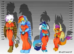 Size: 2048x1508 | Tagged: safe, artist:lupdrawer21, derpibooru import, gilda, princess ember, rainbow dash, smolder, anthro, dragon, gryphon, pegasus, unguligrade anthro, bound wings, clothes, cuffed, cuffs, female, group, image, jumpsuit, png, prison outfit, prisoner, prisoner ember, prisoner gilda, prisoner rd, prisoner smolder, quartet, varying degrees of want, wings