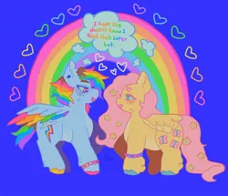 Size: 1440x1241 | Tagged: safe, artist:ariariari.png, derpibooru import, fluttershy, rainbow dash, pegasus, pony, blushing, bracelet, colored hooves, flower, flower in hair, heart, image, jewelry, jpeg, looking at each other, looking at someone, rainbow, sweat, sweatdrop, thought bubble