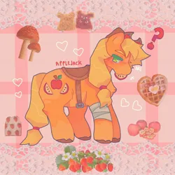 Size: 1440x1440 | Tagged: safe, artist:ariariari.png, derpibooru import, applejack, earth pony, pony, alternate cutie mark, alternate design, apple, bandage, bandaged leg, cowboy hat, food, hat, image, jpeg, redesign, saddle, solo, tack