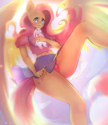 Size: 1782x2067 | Tagged: suggestive, artist:twonya_twonya, derpibooru import, angel bunny, fluttershy, anthro, pegasus, blushing, clothes, female, image, panties, pink underwear, png, signature, skirt, underwear, upskirt