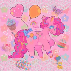 Size: 1440x1440 | Tagged: safe, artist:ariariari.png, derpibooru import, pinkie pie, earth pony, pony, balloon, bracelet, candy, colored hooves, confetti, food, heart, heart balloon, image, jewelry, jpeg, redesign, solo, sprinkles, streamers