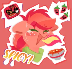 Size: 1357x1310 | Tagged: safe, artist:typhwosion, derpibooru import, pepperdance, earth pony, pony, bandana, fire, fire breath, food, image, png, solo, spicy